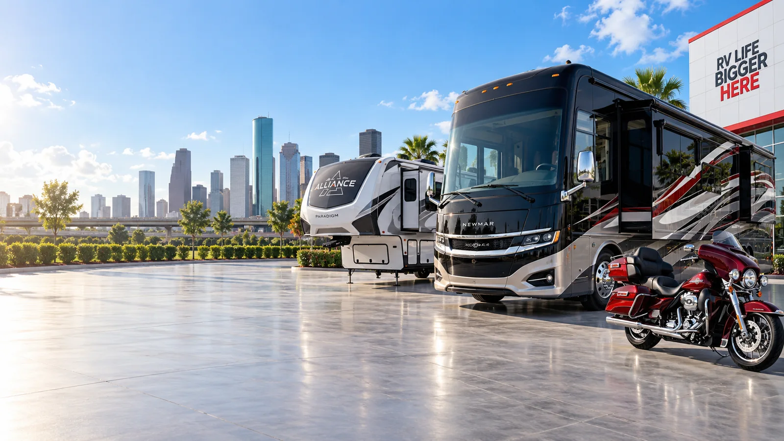 Class A motorhome, fifth-wheel RV and touring motorcycle; no passenger cars